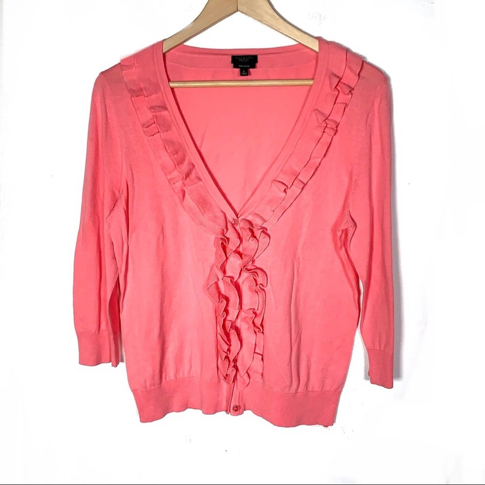 Beautiful Talbots pink ruffle neck. Lightweight 3/4 sleeve cardigan large L